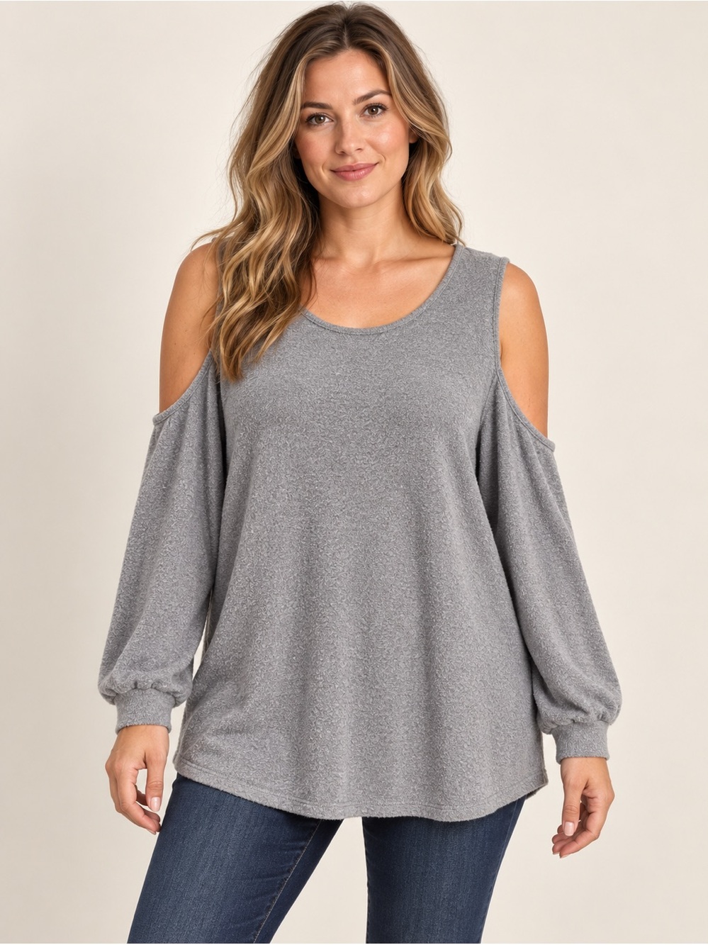 Cherish Cold-Shoulder Sweater in Light Gray